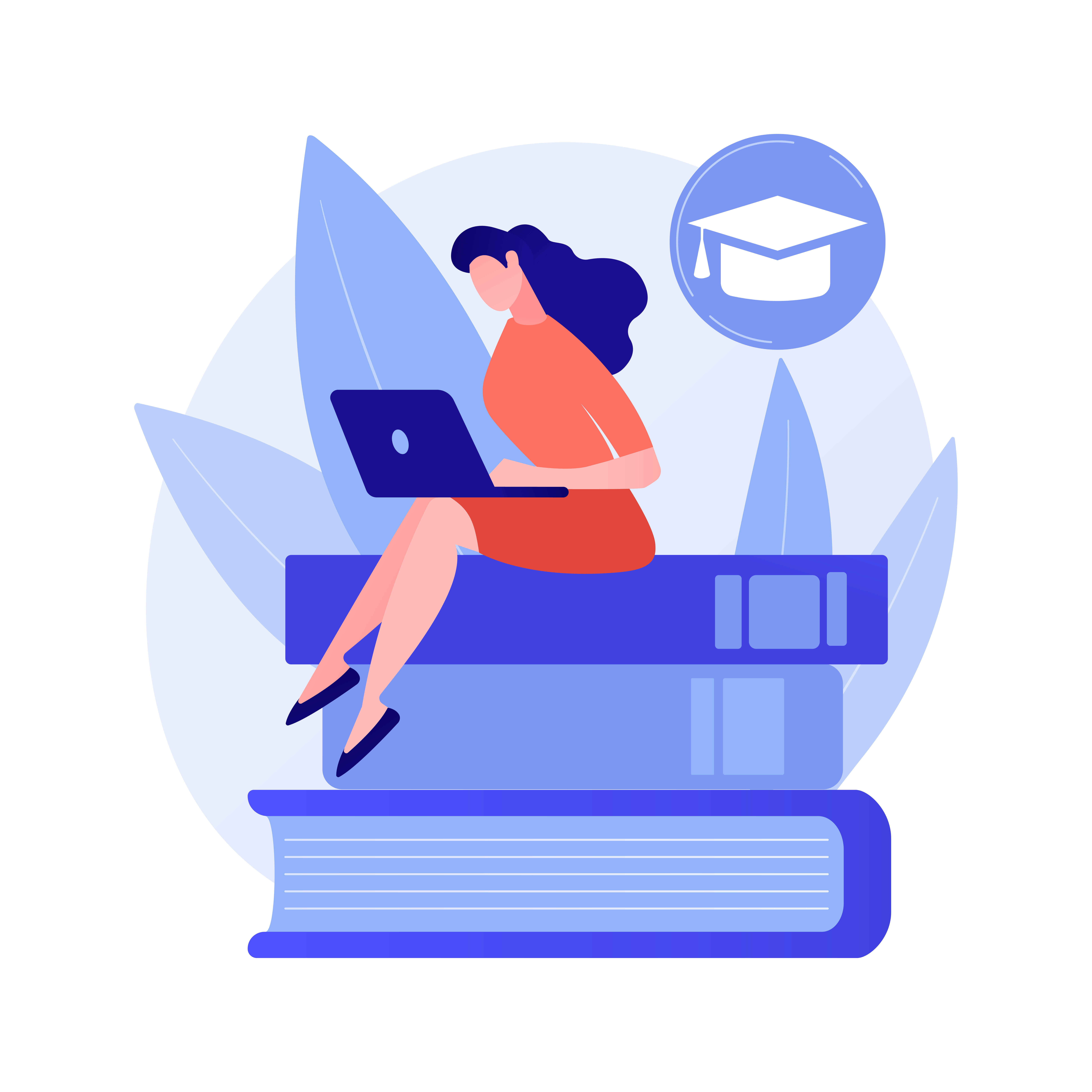 Image of a women sat on books with a laptop