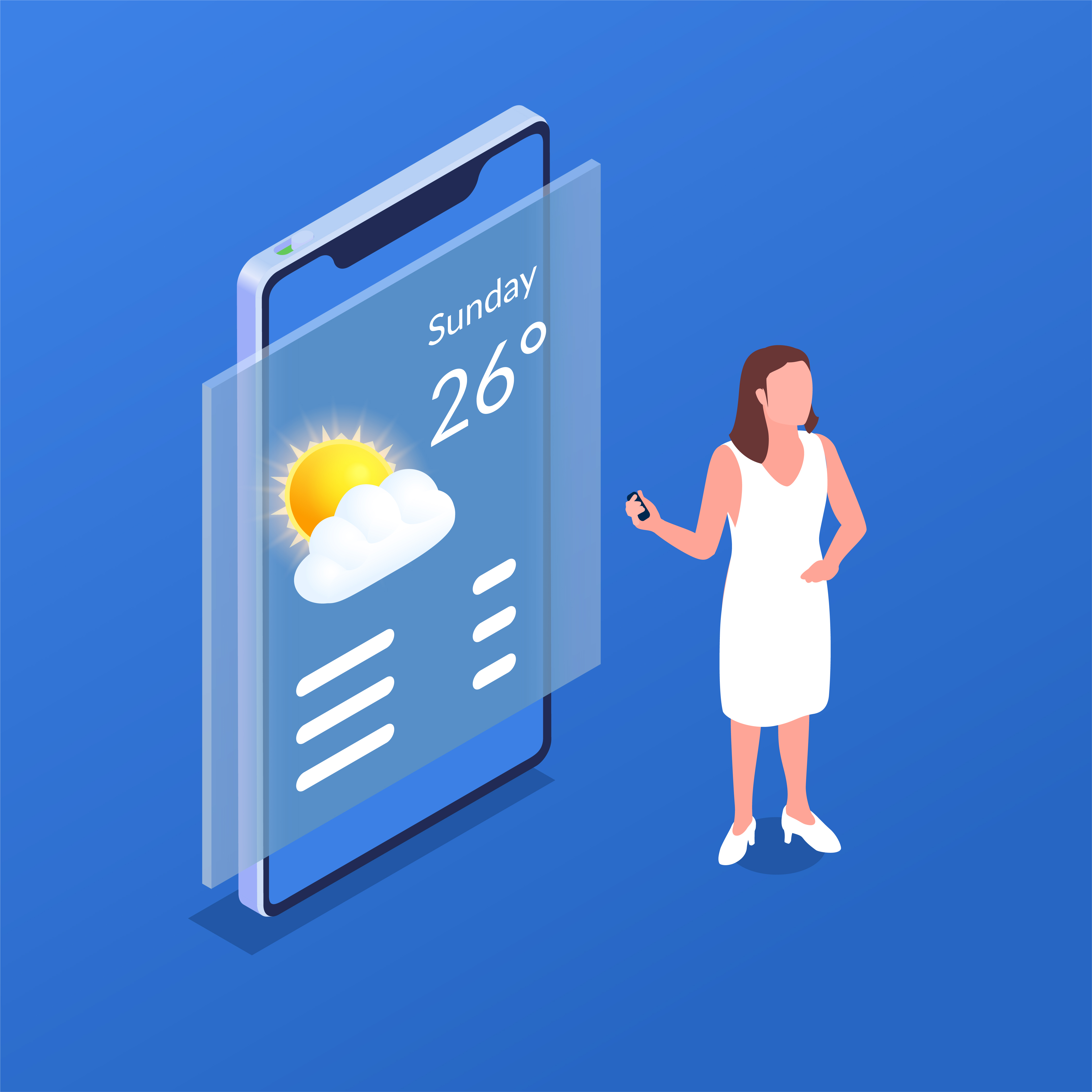Image of a phone diplaying a weather application with a women by its side